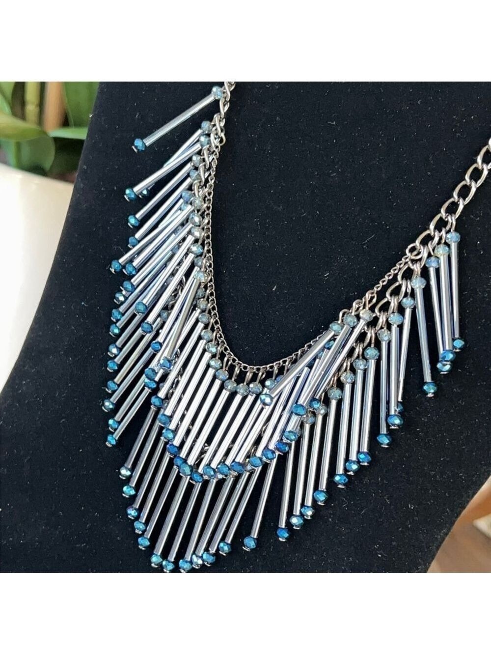 Gray Silver Blue Starburst Statement Necklace